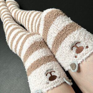 Long Fuzzy Knee Socks Brown Bear Furry Thigh Highs Leggings White Stockings Warm